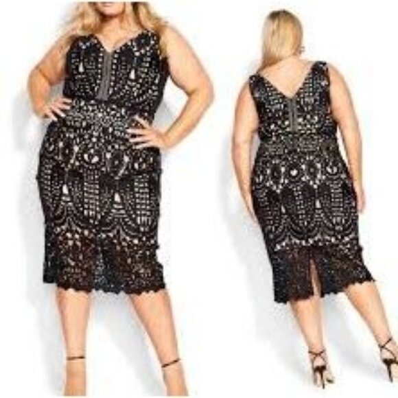 City Chic Womens Plus Size Lace Sheath Dress With V-Neck & Invisible Back Zip 16 - Picture 2 of 5